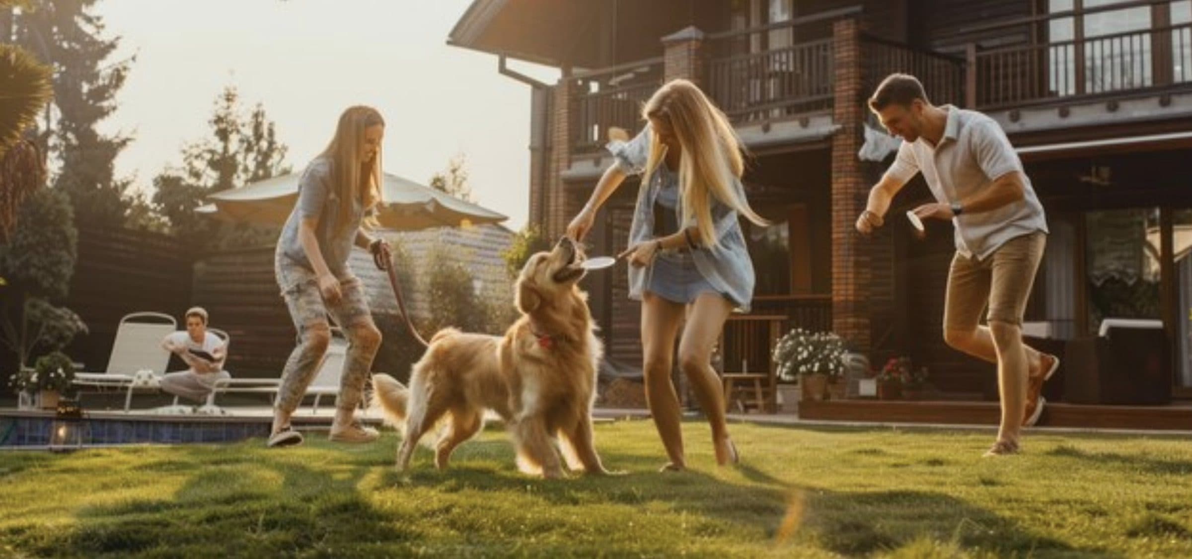 A family playing with their dog in the backyard of their home